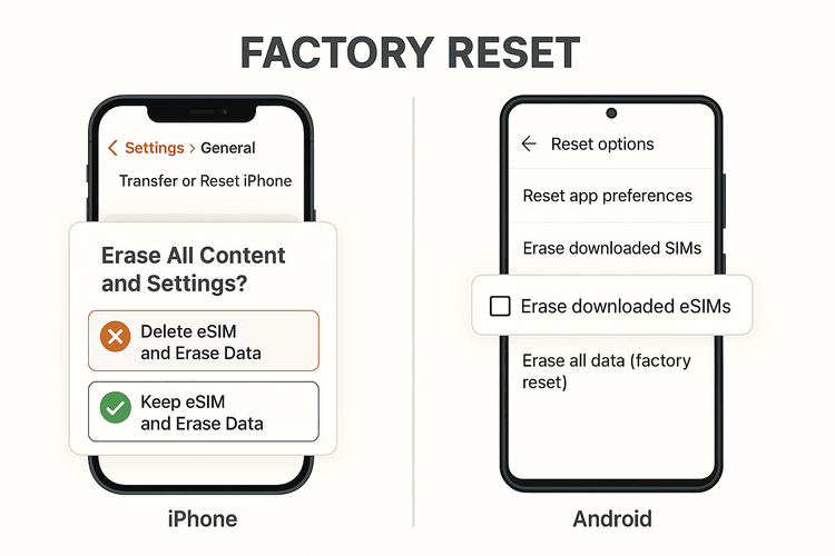 Diagram comparing the option to keep or delete an eSIM during a factory reset on an iPhone versus an Android phone.