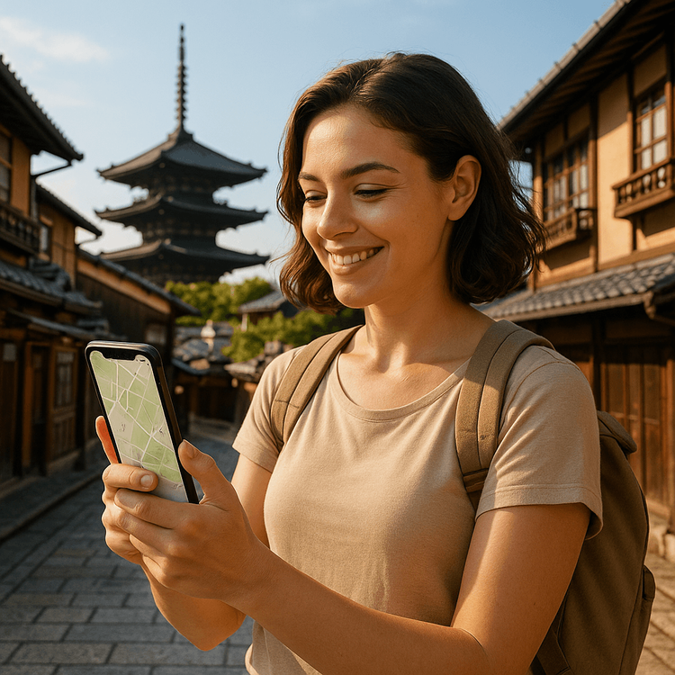 A confident solo traveler safely navigating the streets of Kyoto using her smartphone for directions.