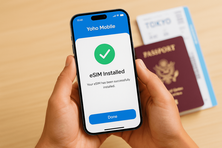 A person holding the new iPhone 17, with the Yoho Mobile app showing a ready-to-use eSIM for travel.