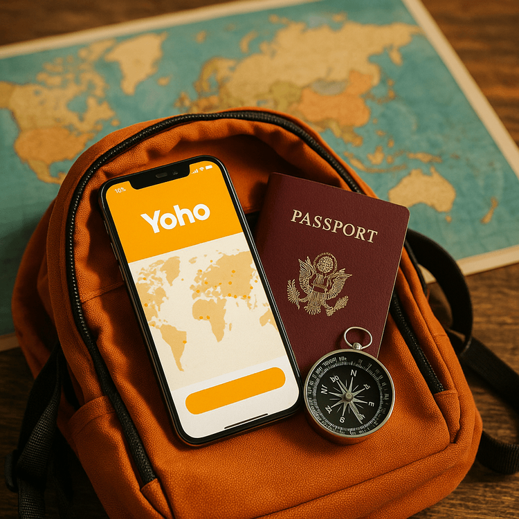 A traveler's backpack ready for a world trip with a smartphone showing the Yoho Mobile global eSIM plan.