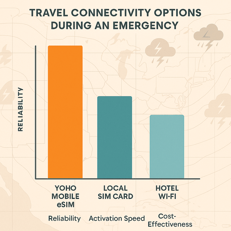Infographic comparing the reliability and activation speed of Yoho Mobile eSIM, local SIM cards, and hotel Wi-Fi during an emergency.