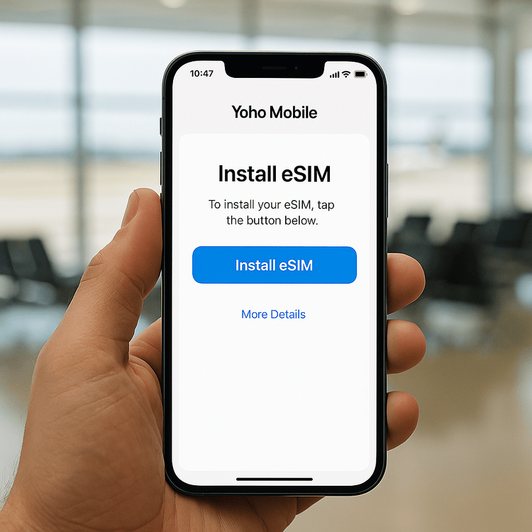 A user installing a Yoho Mobile eSIM on an iPhone with a single tap before their trip.