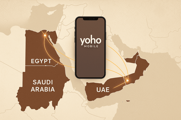 Map showing how a Yoho Mobile regional eSIM provides seamless connectivity across Saudi Arabia, the UAE, and Egypt for travelers.