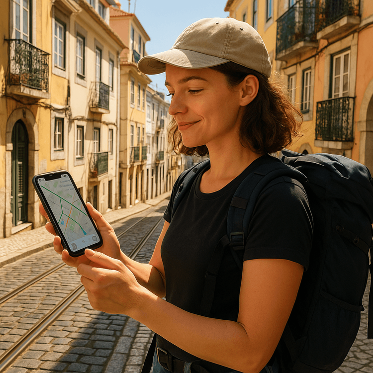 A solo female traveler confidently using her phone for navigation in a European city.