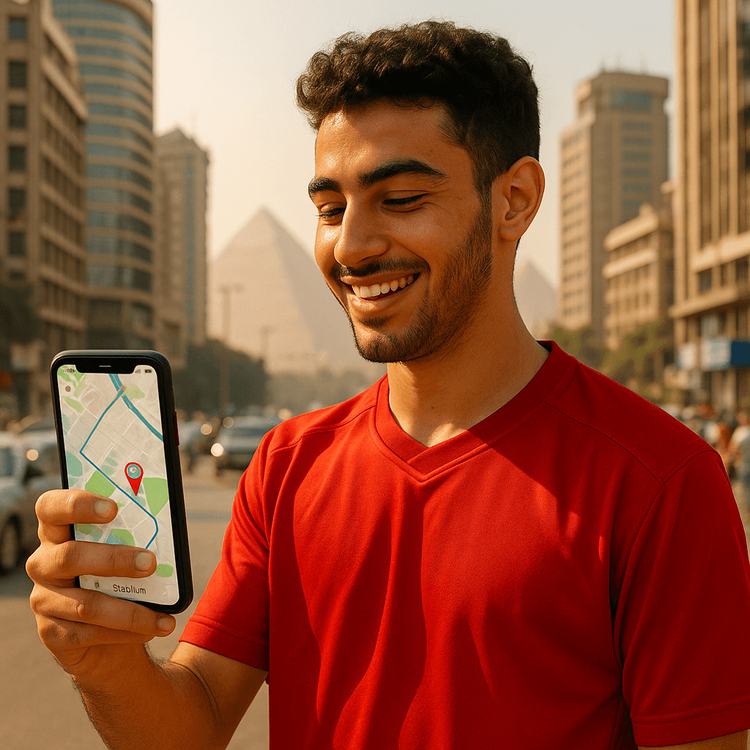 A football fan using his smartphone with a Yoho Mobile eSIM to navigate the streets of Cairo on his way to a match.