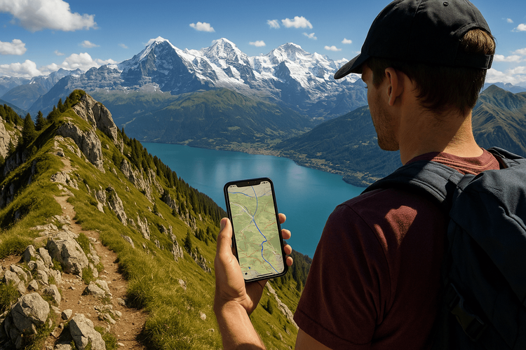 A hiker using a smartphone for navigation on Niederhorn with the Swiss Alps in the background, showcasing reliable mobile data with Yoho Mobile.