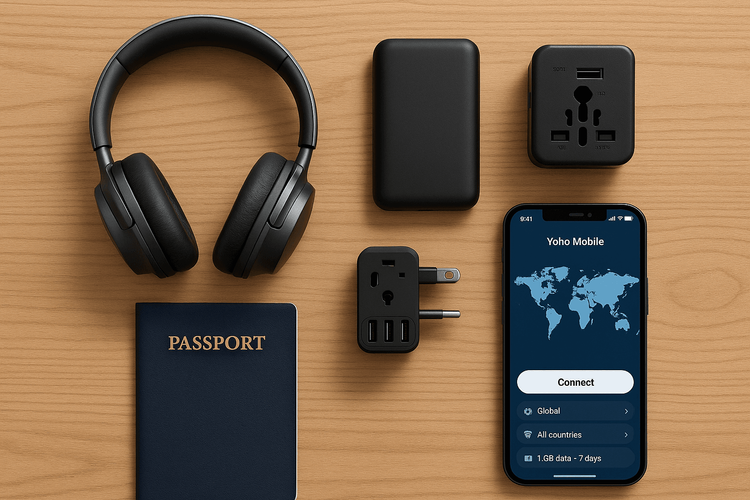 A flat lay of essential travel tech for 2026, including headphones, a power bank, and a smartphone with the Yoho Mobile app.