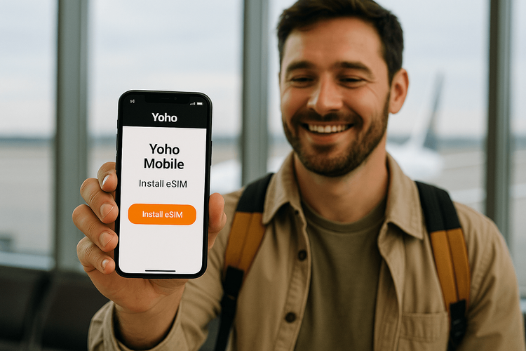 A traveler easily installing a Yoho Mobile eSIM on their smartphone before a flight.