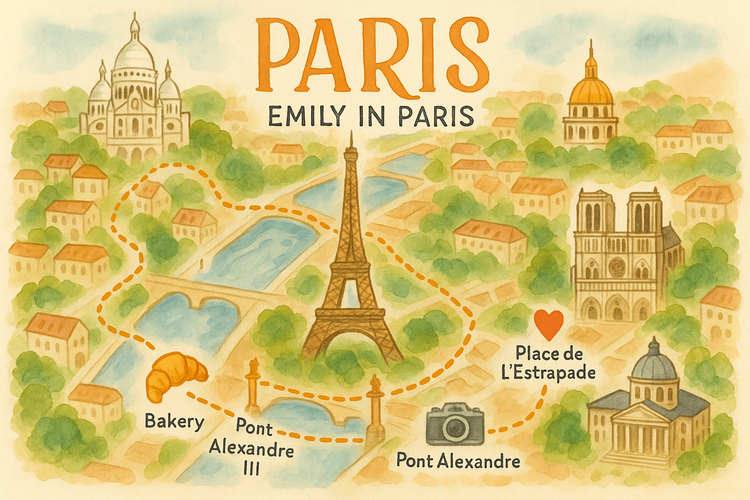 An illustrated map showing a self-guided tour route of Emily in Paris filming locations in Paris.