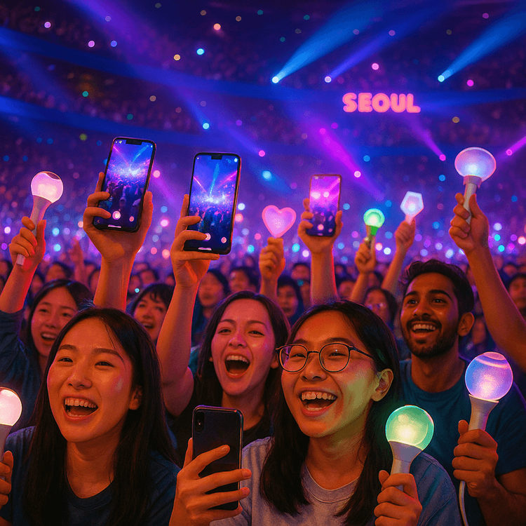 K-Pop fans using their phones with reliable data at a concert in Seoul.