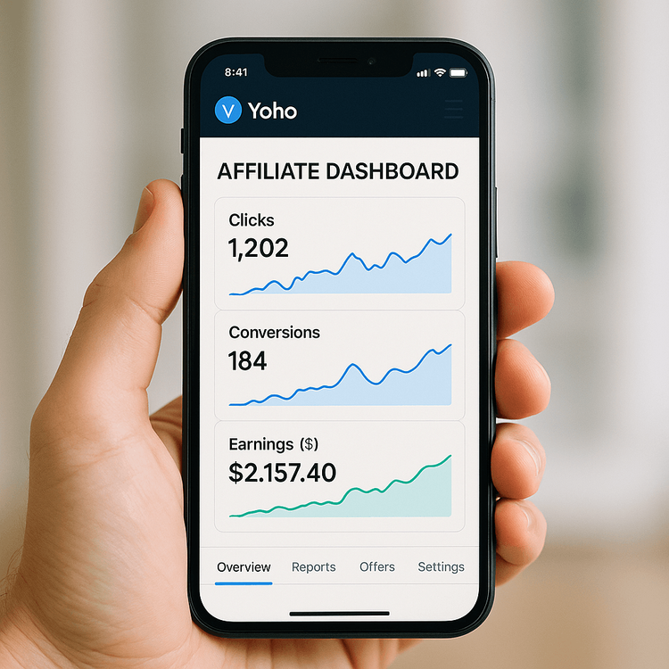 A smartphone displaying the Yoho Mobile affiliate dashboard with performance metrics.