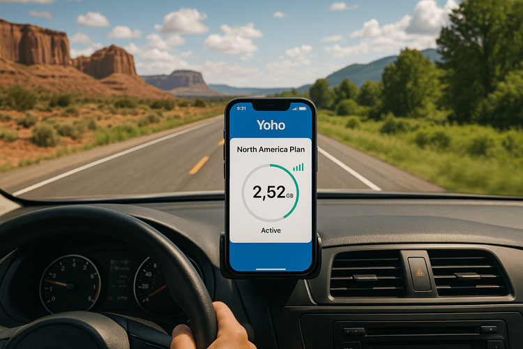 A driver's view of a North American highway with a phone displaying the Yoho Mobile eSIM app, ensuring connectivity during a road trip.