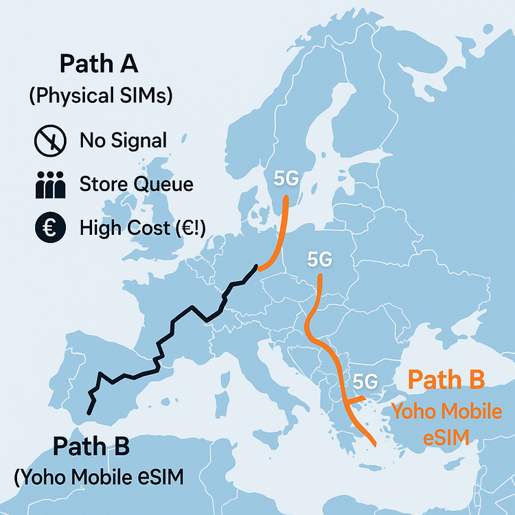 Infographic comparing the hassle of physical SIMs versus the convenience of a Yoho Mobile regional eSIM for a European road trip.