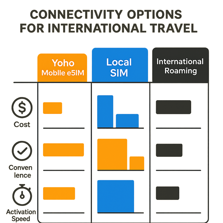 Infographic comparing the cost, convenience, and speed of Yoho Mobile eSIM versus local SIMs and international roaming.