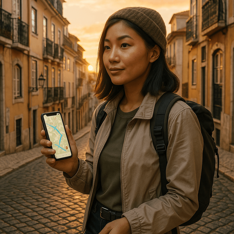 A solo female traveler confidently using her phone for map navigation on a beautiful European street.