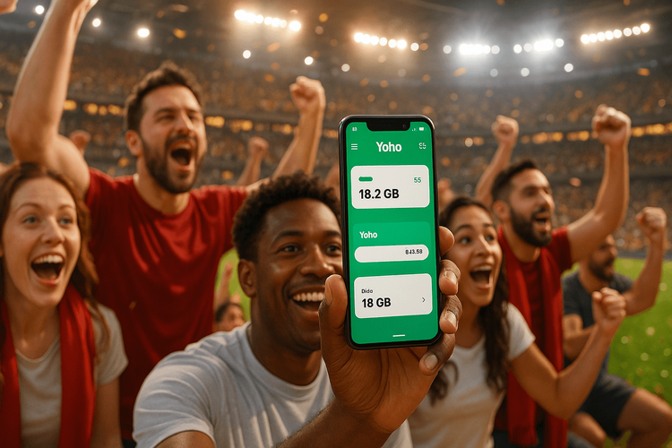 A football fan using a Yoho Mobile eSIM to stay connected and share a celebratory moment in a Champions League stadium.