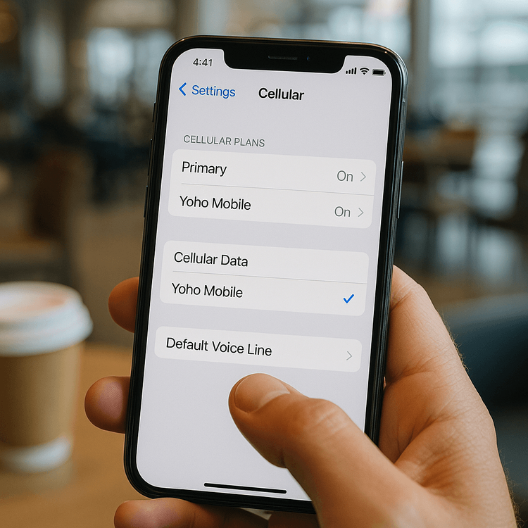 Screenshot of iPhone cellular settings configured for travel, with Yoho Mobile eSIM set for data and the primary line for voice.