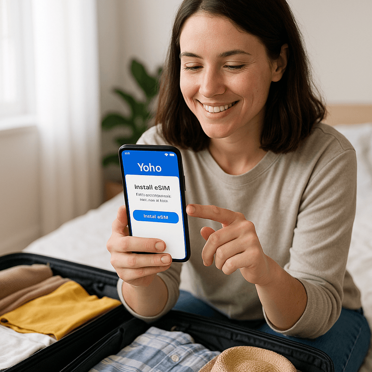 A traveler easily installing a Yoho Mobile eSIM on their smartphone while packing their suitcase for a trip.
