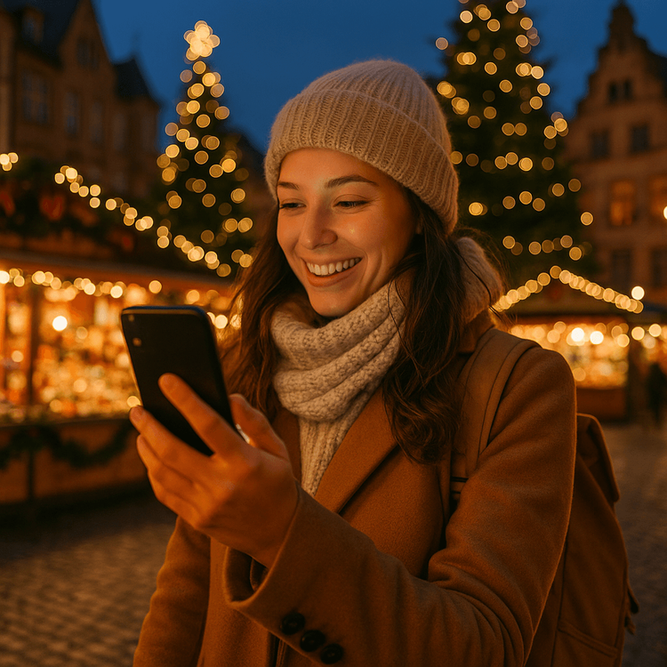 A happy traveler using her phone with a Yoho Mobile eSIM at a festive European Christmas market, demonstrating seamless holiday connectivity.