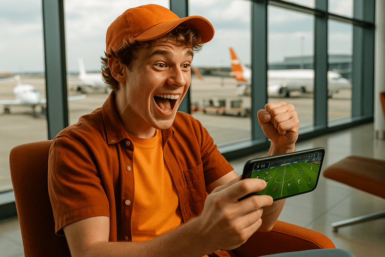 A sports fan excitedly watching a live football match on their smartphone while traveling.