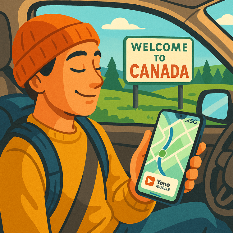 A traveler using a Yoho Mobile eSIM for seamless navigation right after crossing the US-Canada border.