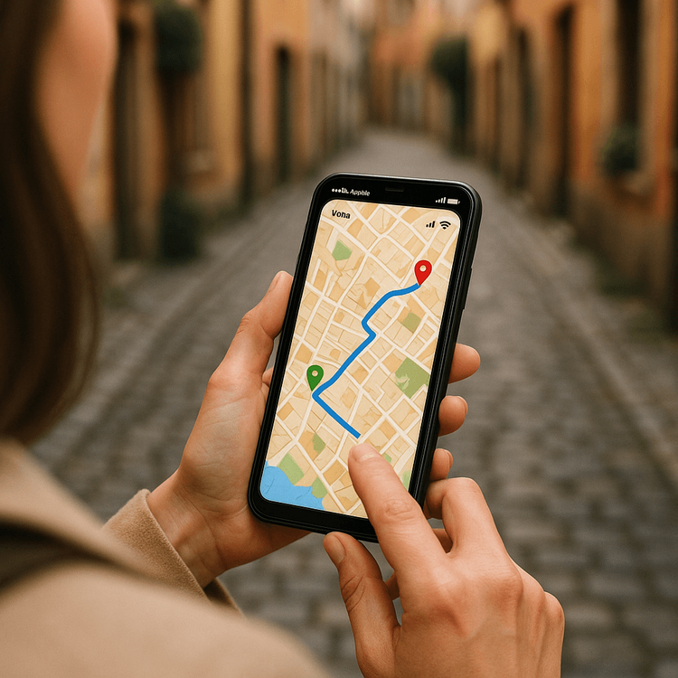 A solo traveler confidently using a map on her smartphone with a Yoho Mobile eSIM connection.