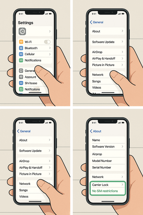 A visual guide showing the steps to check for 'No SIM restrictions' in an iPhone's settings menu.