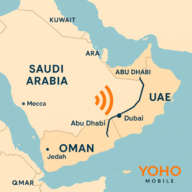 Stylized map of the Etihad Rail passenger route connecting the UAE and Oman in 2025.