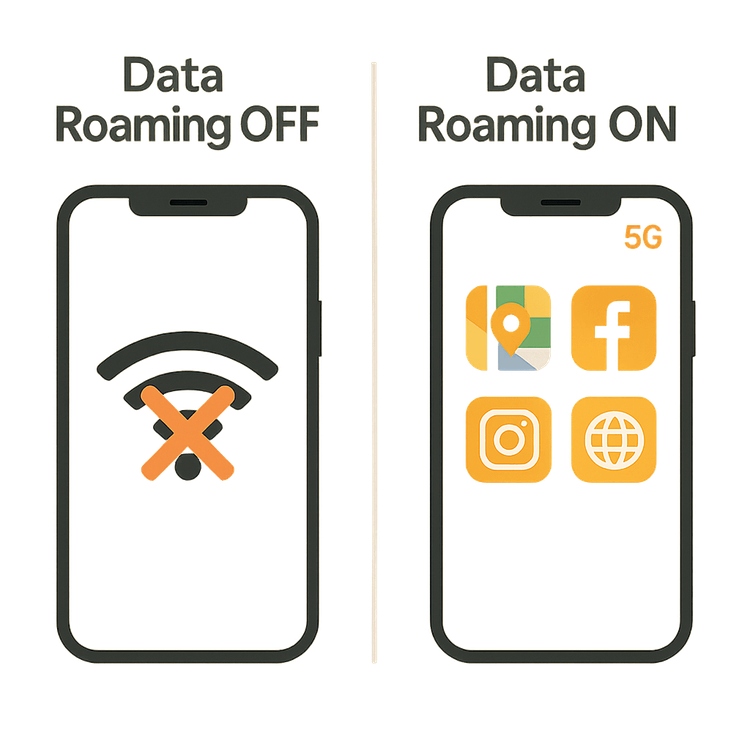 Diagram showing that turning Data Roaming ON is required to get internet access with a travel eSIM.