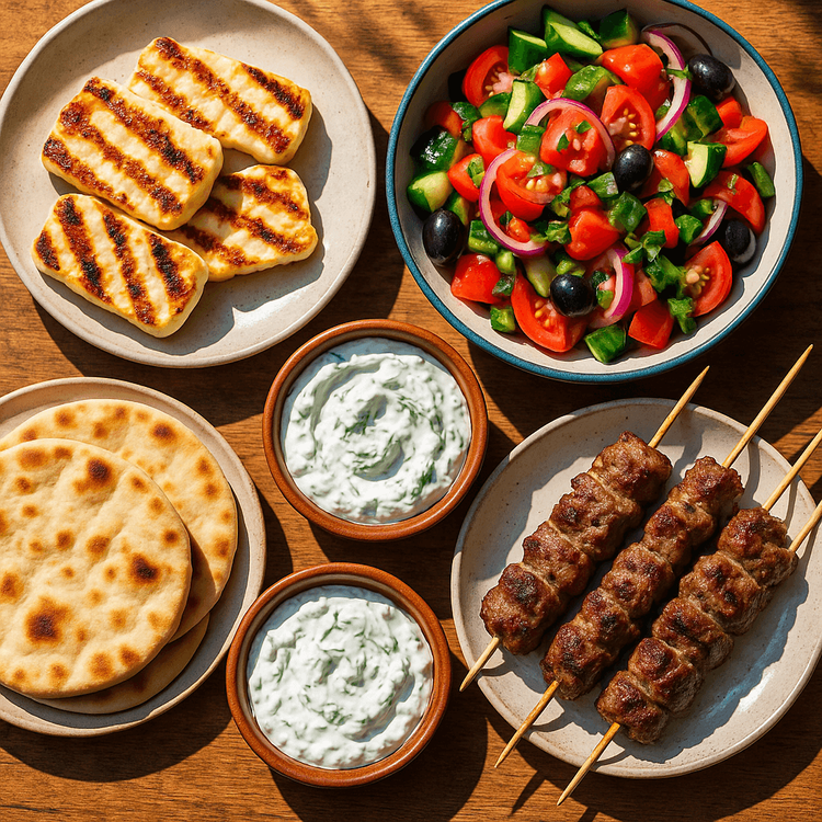A delicious spread of traditional Cypriot meze dishes including halloumi and souvlaki.