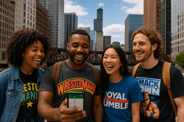 A group of AEW fans using a phone with a Yoho Mobile eSIM for navigation while exploring a major US city during their trip for Forbidden Door 2025.
