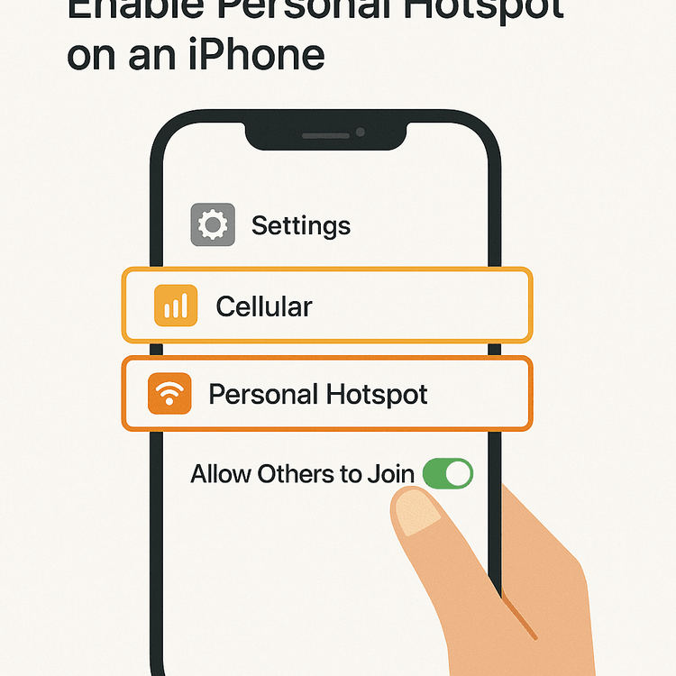 Step-by-step visual guide to turning on the Personal Hotspot feature on an iPhone.