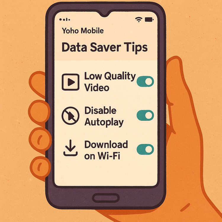 An illustration of a smartphone screen showing settings to help save mobile data while traveling abroad.