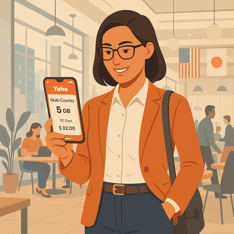 A business consultant easily manages their global data plan using the Yoho Mobile app on their smartphone.