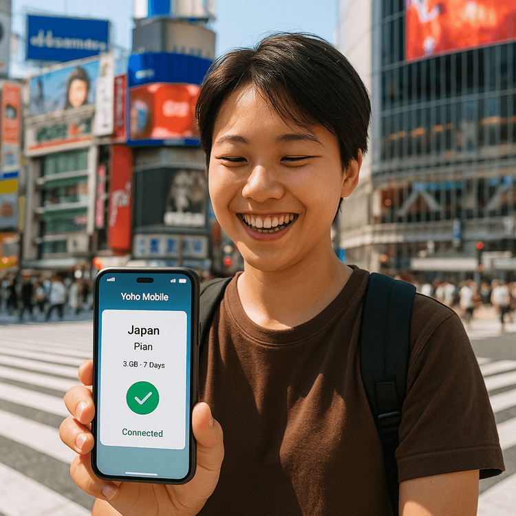 A happy Hong Kong traveler using a Yoho Mobile eSIM for seamless data connectivity at Shibuya Crossing, Tokyo.