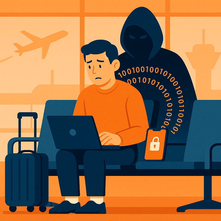 Illustration depicting the security risks of public Wi-Fi, showing a hacker intercepting a traveler's data.