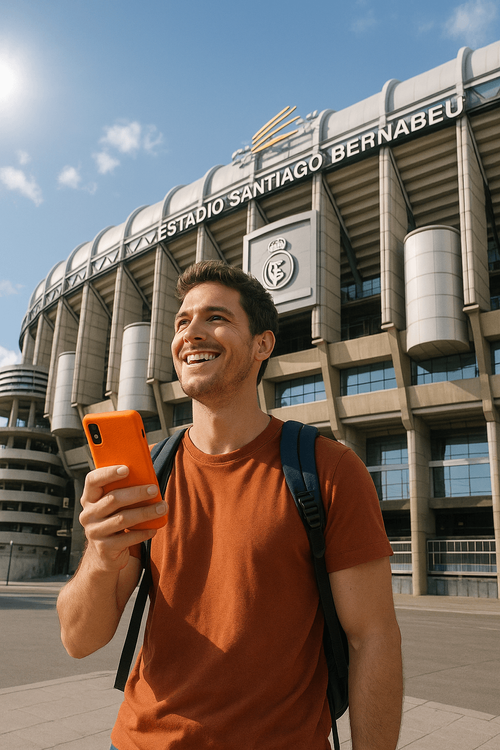 A football fan using a Yoho Mobile eSIM on his phone outside the Santiago Bernabéu stadium in Madrid.