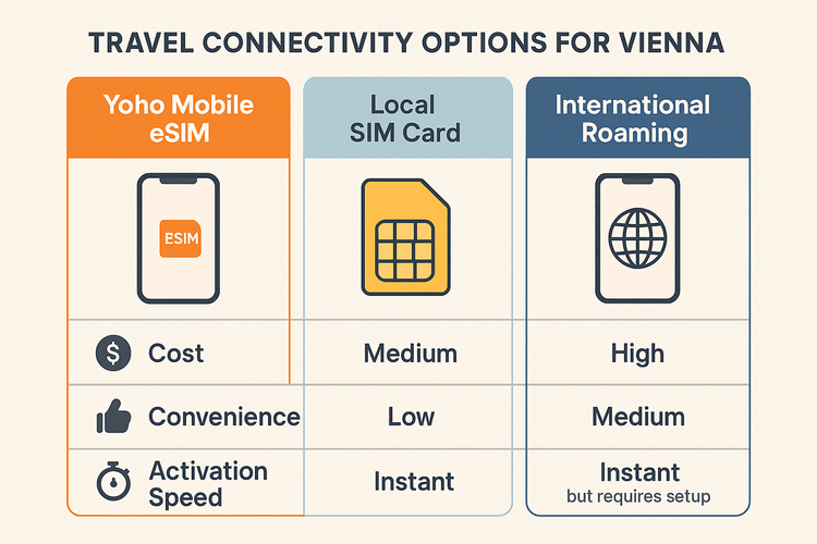 Infographic comparing the cost, convenience, and activation speed of Yoho Mobile eSIM vs a local SIM card and international roaming for Vienna.
