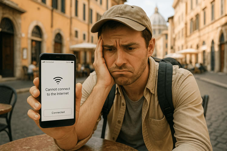 A frustrated traveler in Europe looking at their phone that is connected to the network but has no internet access.