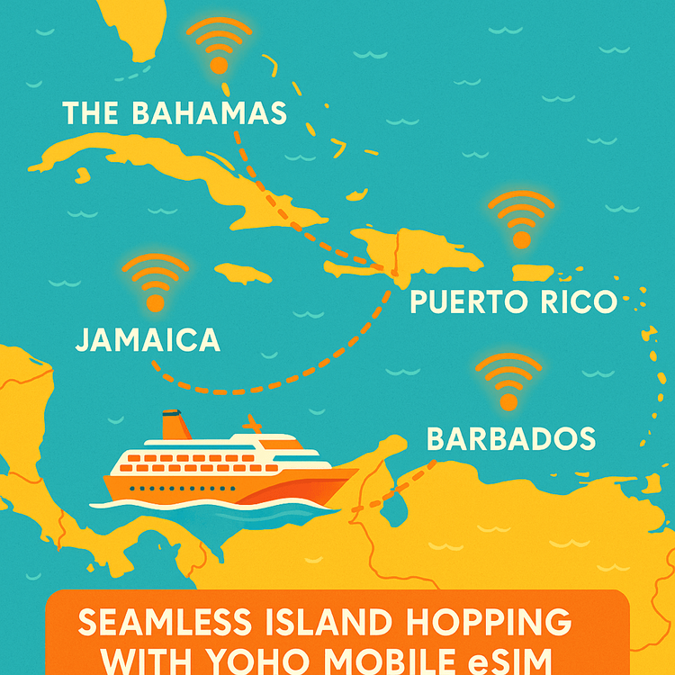 Infographic map showing seamless eSIM connectivity across Caribbean islands for island hopping and cruises with Yoho Mobile.
