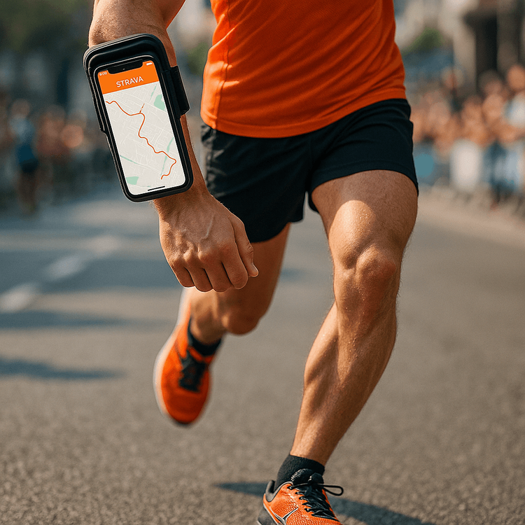 A marathon runner using a smartphone with a GPS tracking app to monitor their race progress, powered by a reliable eSIM.