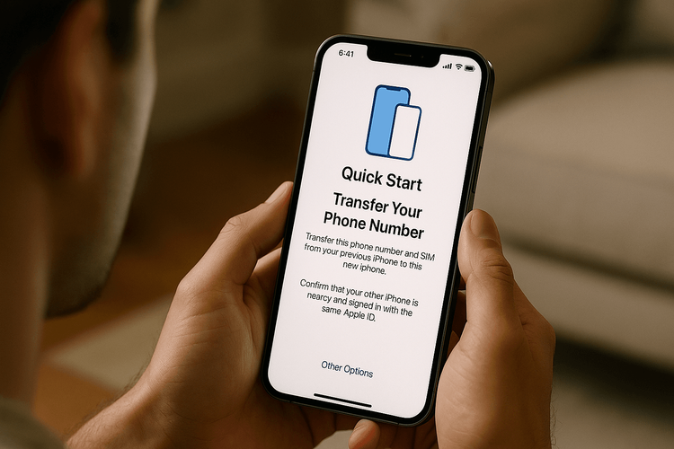 A person using iPhone Quick Start to transfer their Yoho Mobile eSIM to a new device.