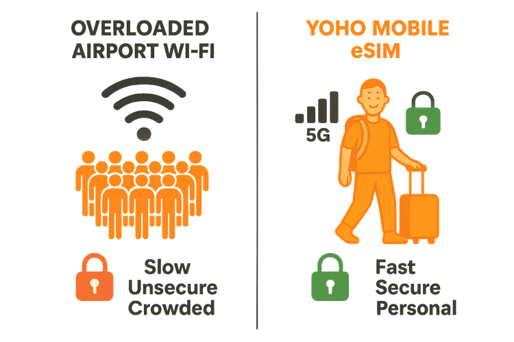 Infographic comparing the slow and insecure airport Wi-Fi with a fast and secure Yoho Mobile eSIM connection.