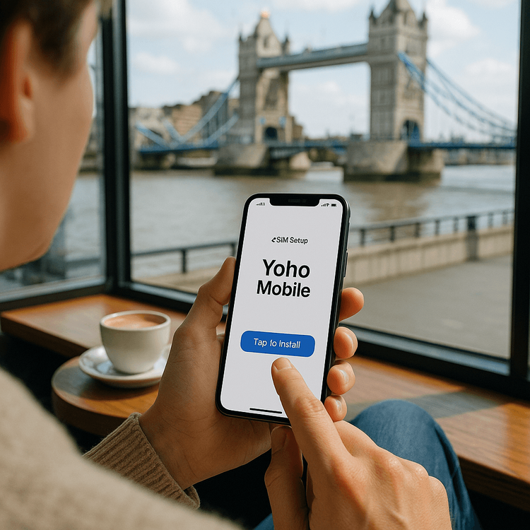 A traveler easily installing a Yoho Mobile eSIM on their iPhone with a scenic London backdrop.