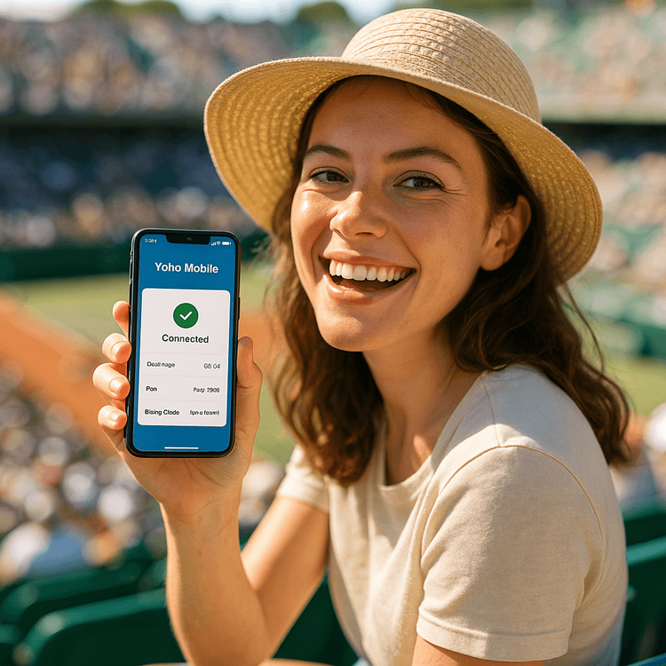 A happy tennis fan uses her phone with a Yoho Mobile eSIM to stay connected while watching a match at a Grand Slam tournament.