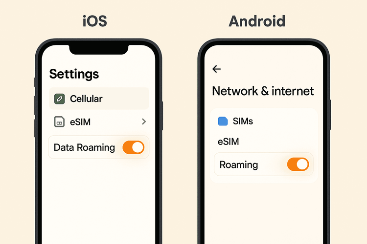 Visual guide showing how to enable the Data Roaming toggle on both iOS and Android phones for eSIM use.