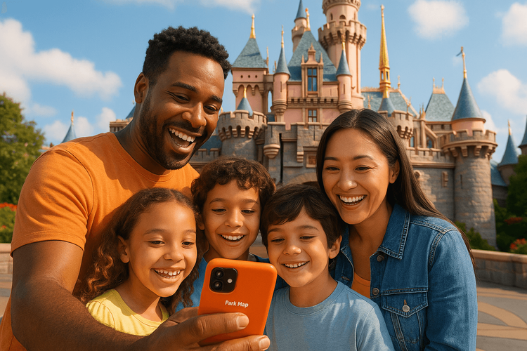 A happy family using a smartphone with a map app at a Disney theme park, connected with a travel eSIM.