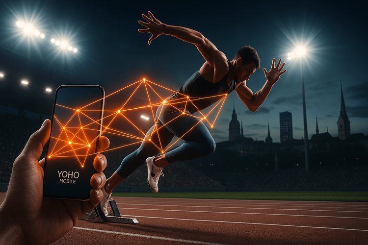 An athlete at the starting blocks of Weltklasse Zurich, representing the speed and connectivity provided by Yoho Mobile eSIM.