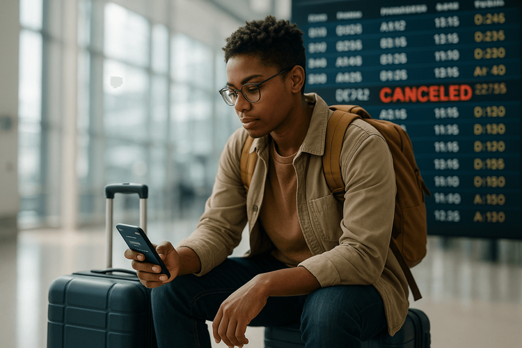 Ein Reisender, der am Flughafen gelassen sein Handy benutzt, um einen annullierten Flug zu verwalten.