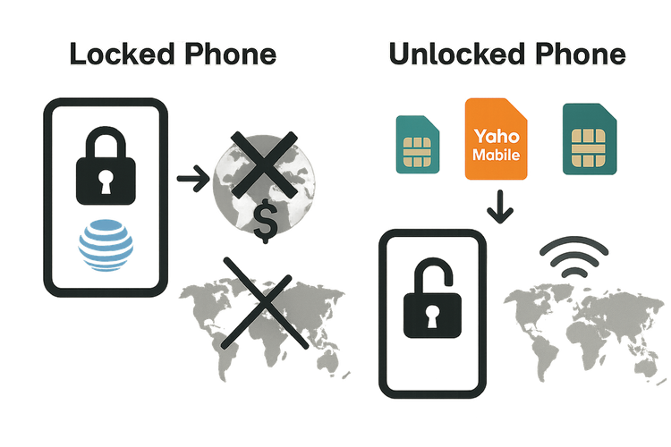 Infographic comparing the limitations of a locked phone versus the freedom of an unlocked phone for international travel with eSIMs.